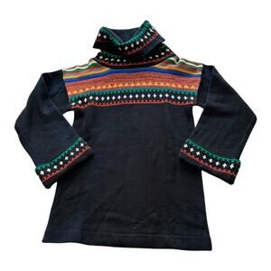 Skiva Vintage Cowl Neck Sweater Black Colorful Pattern Winter Fall Cozy Comfy